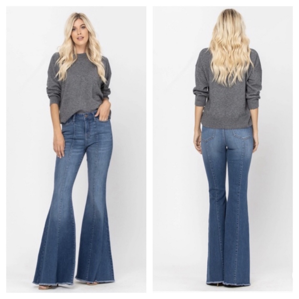 Judy Blue Jeans 15/32 Super Flare raw hem stretch high rise bell bottom bohemian